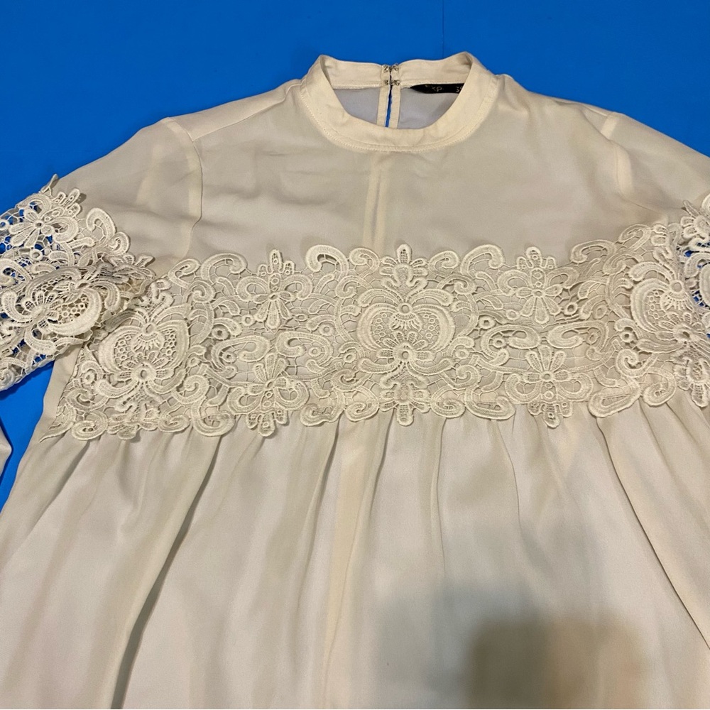 1. Express Off White Romantic Knit Lace Long Sleeve Blouse - Picture 4 of 7